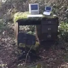 this is where post from [An etheral looking apple II in the woods resting a top an old computer desk].